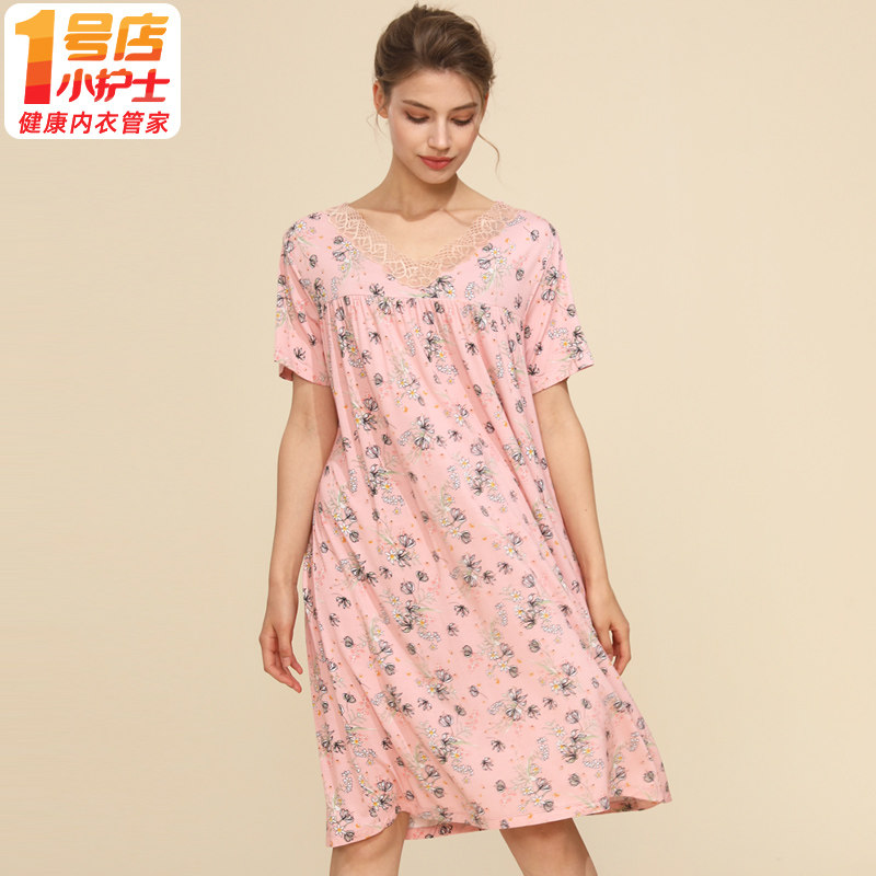小护士蕾丝V领睡裙女士夏薄款外穿性感短袖家居服宽松大码长裙子