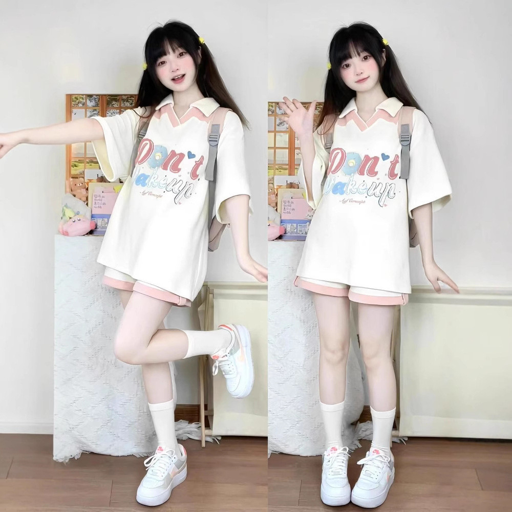 学院风套装女夏班服短袖短裤盐系甜美可爱少女宽松韩版休闲两件套