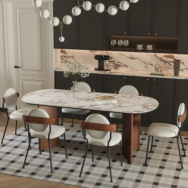 复古中古风下挂加厚洞石岩板实木餐桌椅组合简约现代小户型椭圆形,住宅家具,岩板餐桌,淘宝优惠券,粉丝福利购,淘宝优惠卷