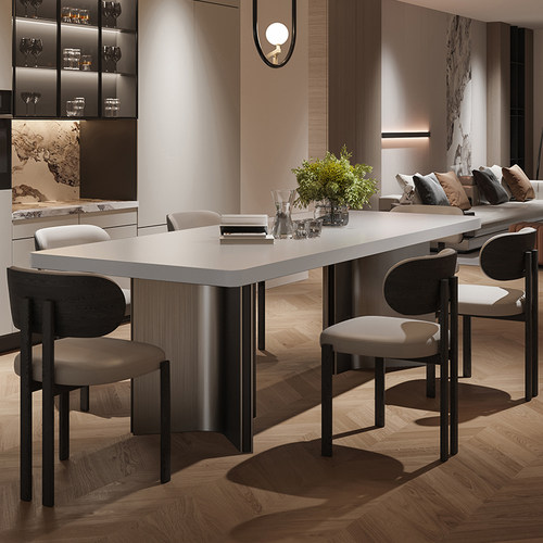 士伦纯白岩板下挂大户型岛台餐桌