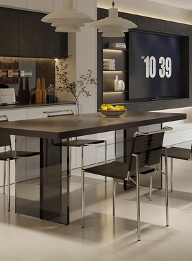 简约现代亚克力下挂黑色岩板悬浮餐桌椅组合小户型长方形复古风桌