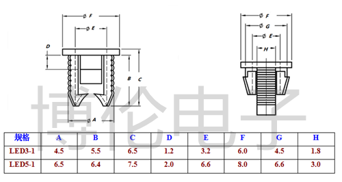 灯座M长灯级、5M扣套、3直二灯珠LED发光二极管帽短塑料管/插固定