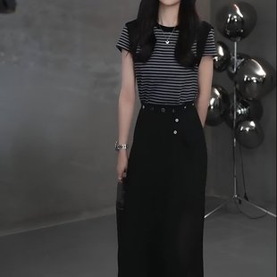 夏季 休闲百搭显瘦收腰气质针织高腰黑色短袖 条纹连衣裙时尚 套装
