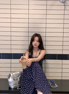 MAXMENT韩系假两件碎花吊带长裙修身收腰显瘦垂坠连衣裙