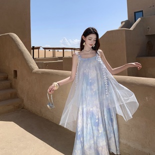 夏日绝美法式 实拍 晕染网纱连衣裙女夏海边度假长裙子