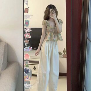 碎花短袖 夏 上衣阔腿裤 两件套小个子气质名媛御姐减龄奶系穿搭套装