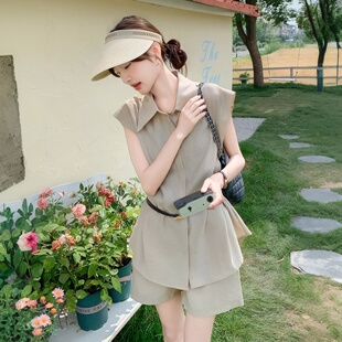 新款 两件套韩系高级感系腰带收腰无袖 夏季 阔腿短裤 女 衬衫 上衣套装