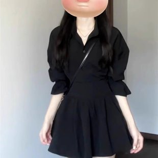 早春黑色衬衫 连衣裙女夏季 2025新款 小个子气质韩系穿搭配一整套装