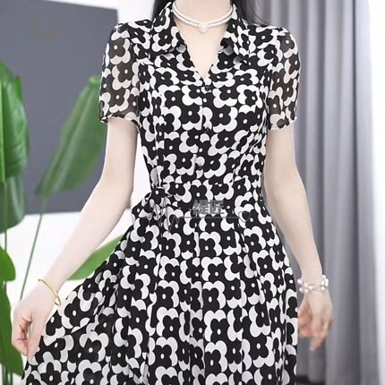 时尚冰丽丝连衣裙2024新款女装夏季短袖显瘦收腰优雅礼服裙子