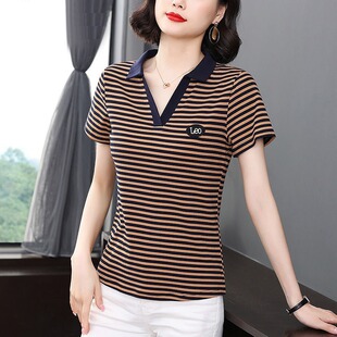 夏季短袖翻领上衣2024新款时尚妈妈装宽松休闲运动百搭大码T恤女