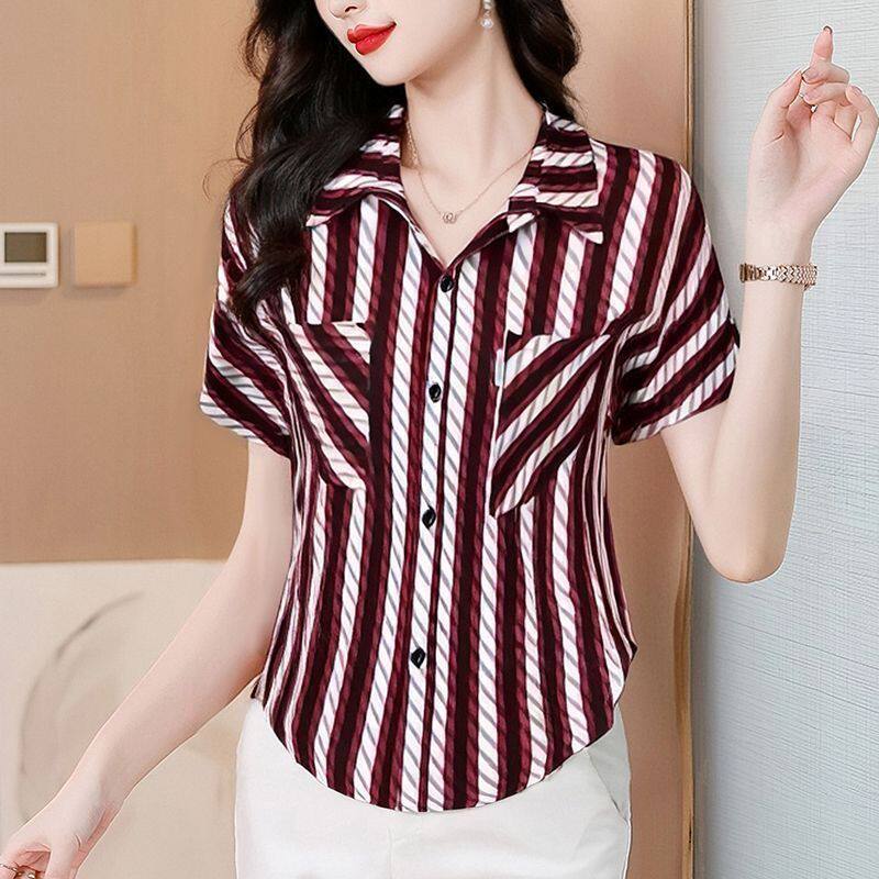 高级感衬衫女2025短袖夏季新款气质时尚条纹洋气妈妈显瘦小衫上衣