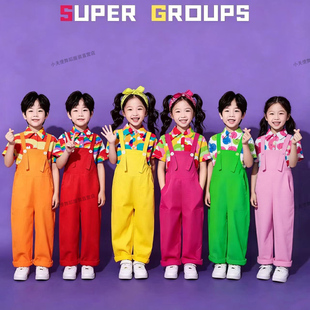 儿童背带裤套装花衬衫小学生运动会啦啦队演出服幼儿园团体表演服