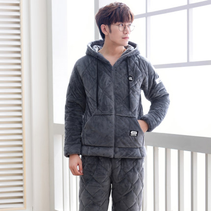 男士睡衣秋冬季加厚加绒珊瑚绒三层夹棉袄法兰绒可外穿家居服套装
