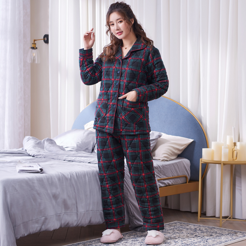 活性印染纯棉夹棉睡衣女秋冬妈妈