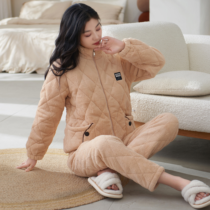 拉链睡衣女冬三层加厚珊瑚绒夹棉