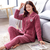 睡衣女秋冬季 加厚加绒珊瑚绒中老年妈妈三层夹棉法兰绒家居服套装