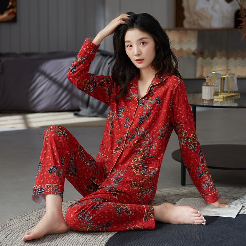 活性印染纯棉睡衣女春秋长袖套装