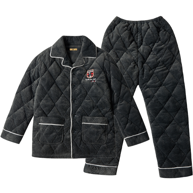 三层夹棉睡衣男冬季加厚加绒套装