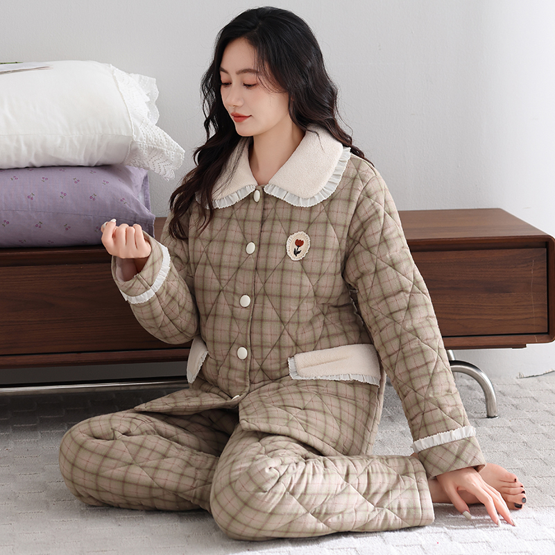 梭织纯棉夹棉睡衣女秋冬加厚加绒