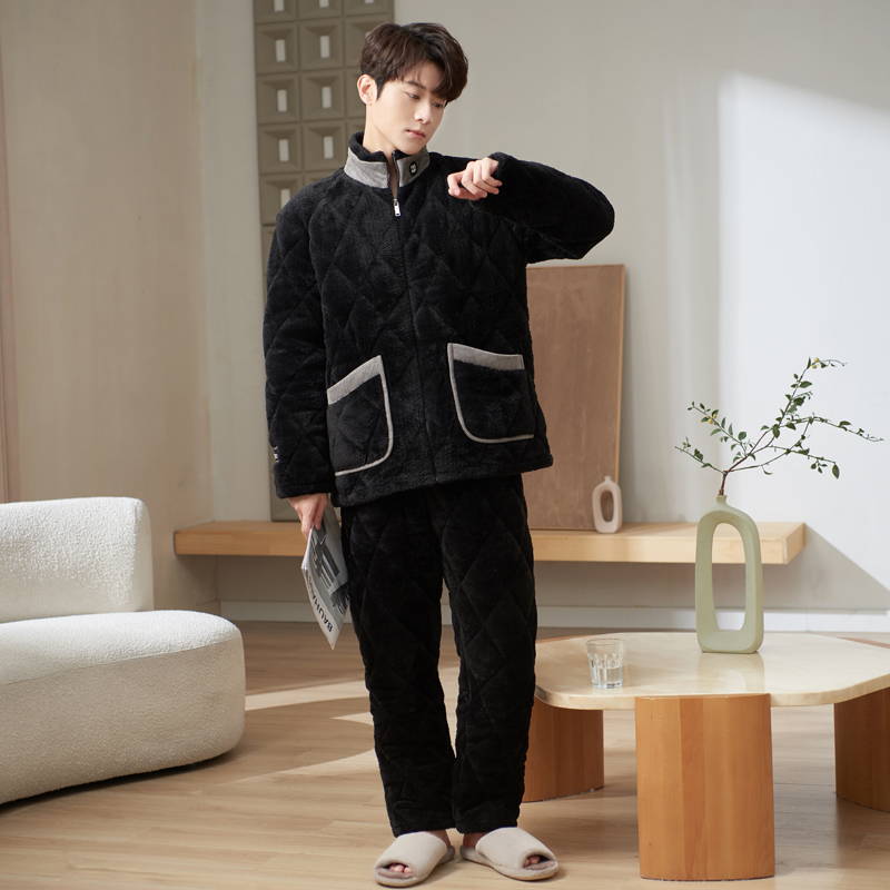 三层夹棉睡衣男冬季加厚加绒套装
