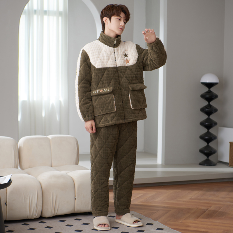 三层夹棉睡衣男冬季加厚加绒套装