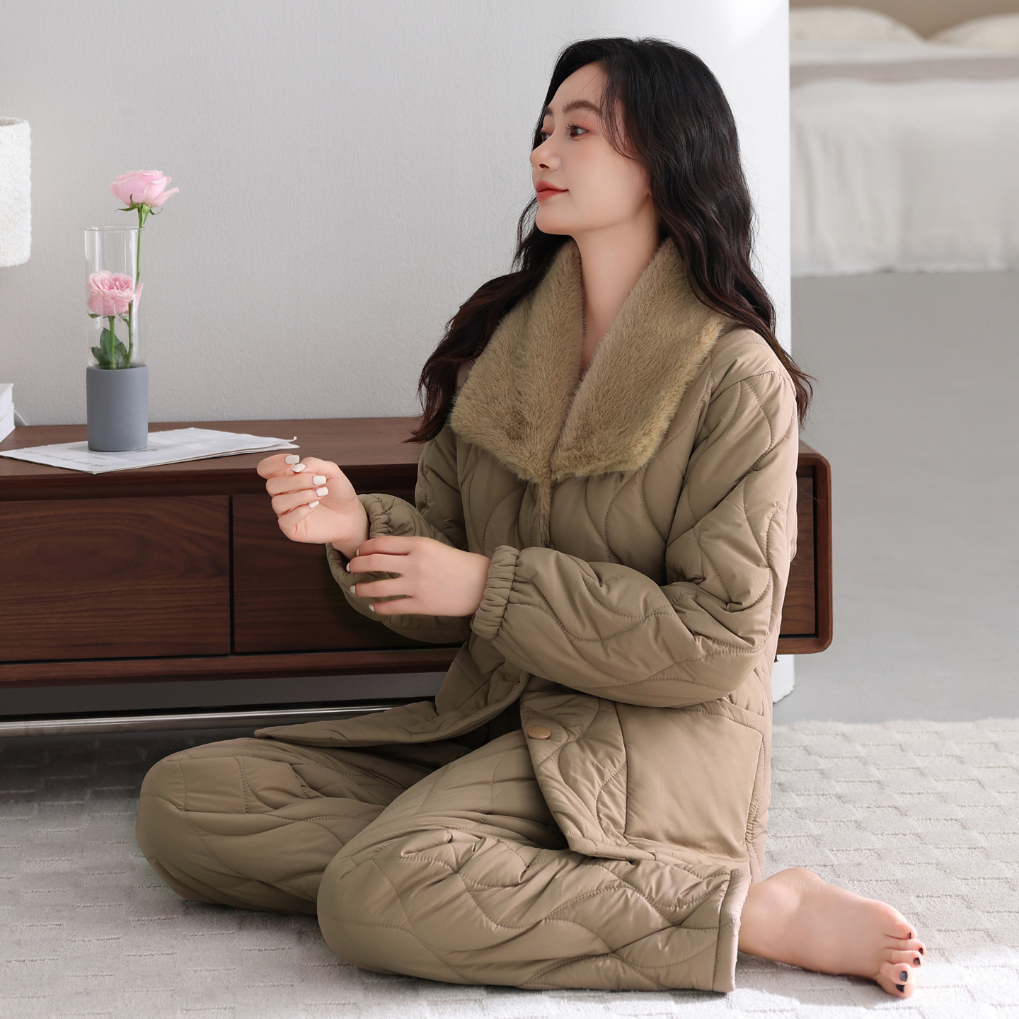 三层夹棉睡衣女冬加厚加绒中老年