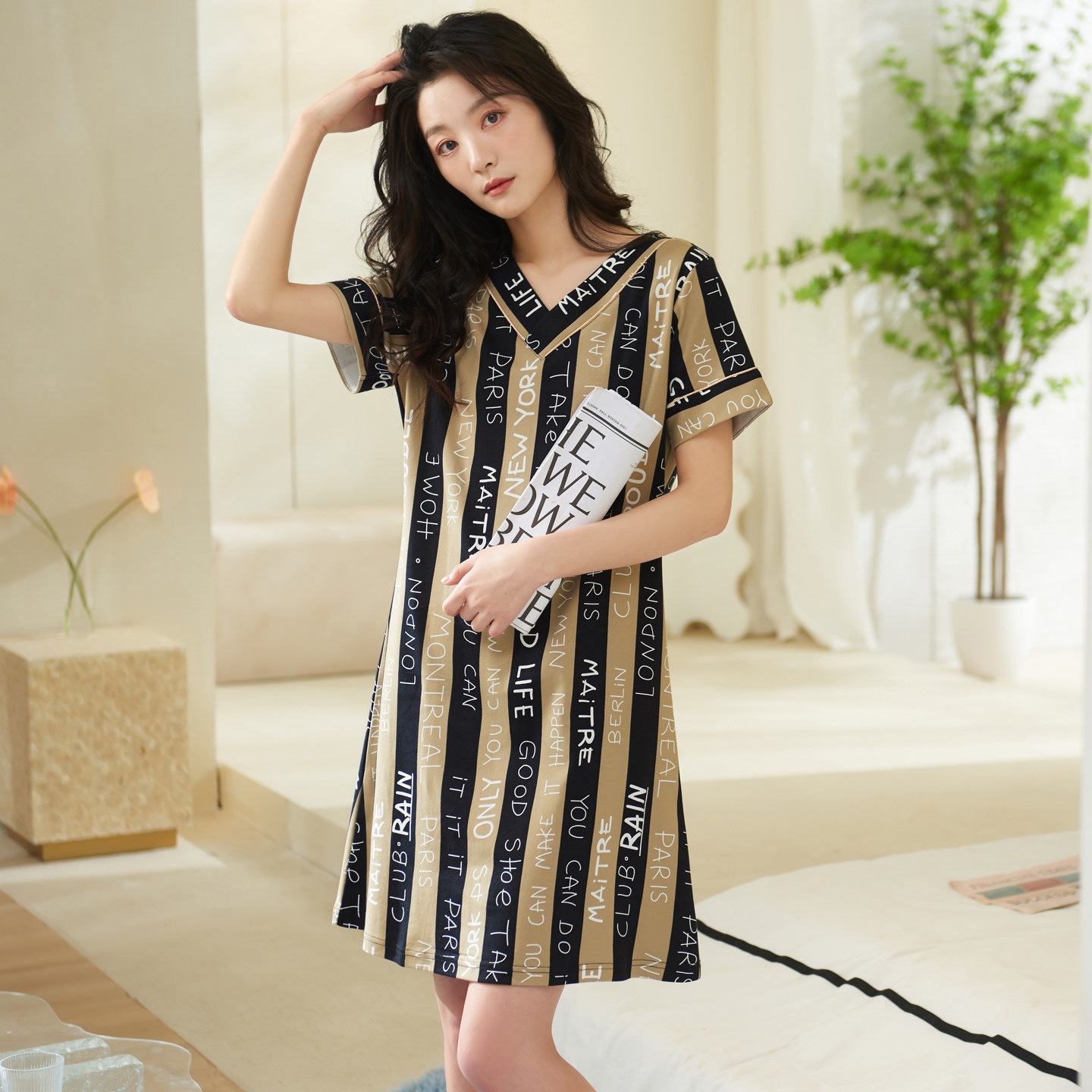 2025新款睡裙女夏季纯棉短袖可外穿睡衣薄款性感条纹高级感家居服,女士内衣/男士内衣/家居服,睡裙,淘宝优惠券,粉丝福利购,淘宝优惠卷