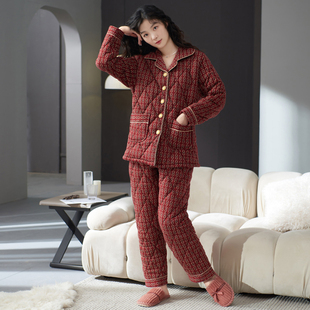睡衣女秋冬季 加厚纯棉可外穿三层夹棉湖南省服大码 保暖家居服套装
