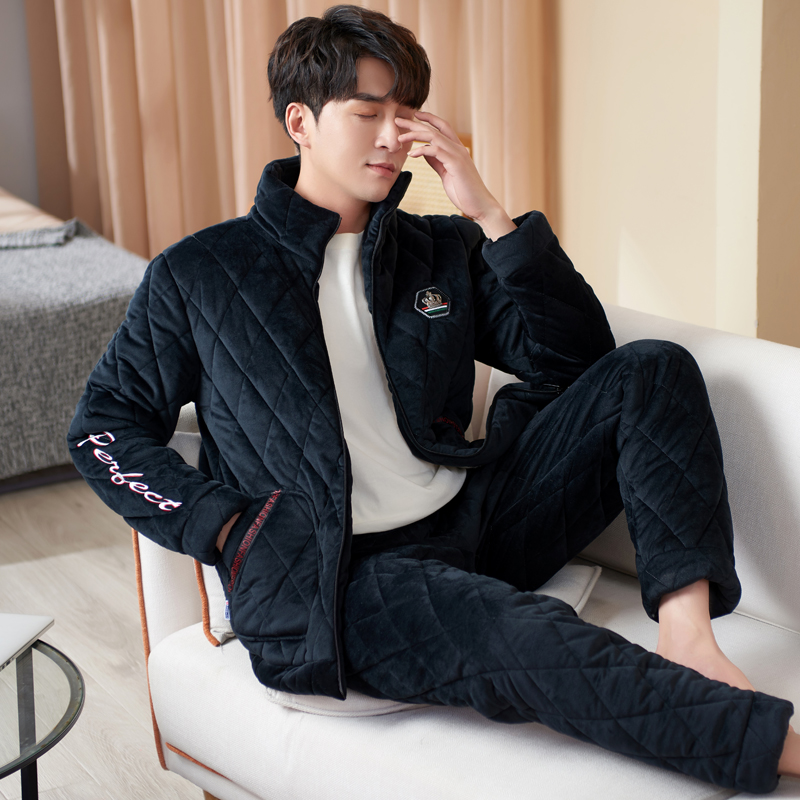 轻运动男士睡衣冬季加厚加绒三层