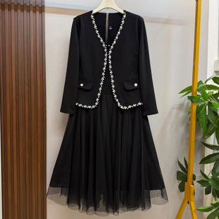 胖妹妹大码春季新款小香风钉珠外套连衣裙两件套女韩版显瘦套装潮