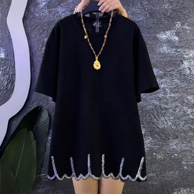 胖妹妹大码春季新品时尚短袖T恤女韩版重工钉珠花边宽松打底半袖,女装/女士精品,大码内搭,淘宝优惠券,粉丝福利购,淘宝优惠卷