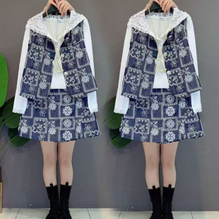 胖妹妹大码女装春季新款时尚套装女韩版洋气马甲帽衫短裙三件套潮