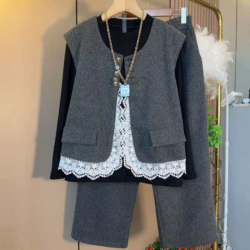 胖妹妹大码秋季新款时尚休闲套装女韩版蕾丝拼接马甲阔腿裤三件套,女装/女士精品,大码套装,淘宝优惠券,粉丝福利购,淘宝优惠卷