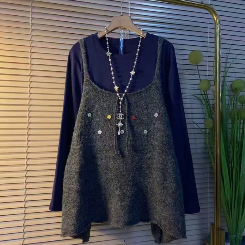 复古叠穿针织吊带马甲长袖小衫