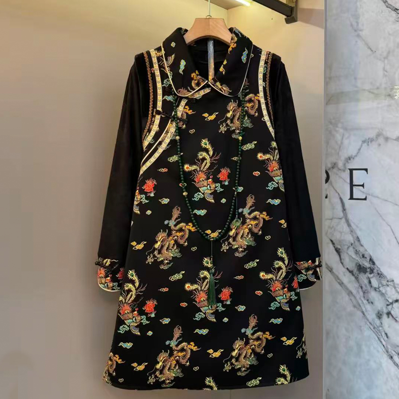 胖妹妹大衫中式复古碎花两件套女韩版拼接袖打底衫马甲裙两件套潮