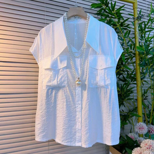时尚 上衣T恤 夏季 砍袖 胖妹妹大码 翻领拼接网纱大衫 衬衫 新款 女韩版