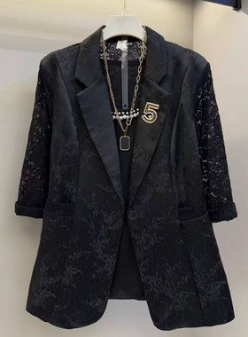 胖妹妹大码女装春夏新款时尚蕾丝拼接西装外套女韩版短裤开衫上衣