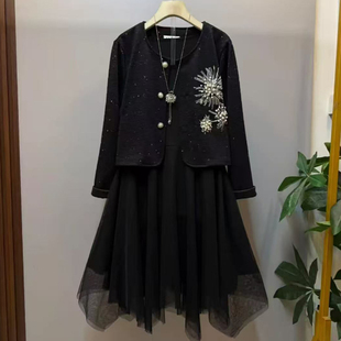 胖妹妹大码秋季新款气质外套网纱连衣裙两件套女洋气显瘦遮肉套装