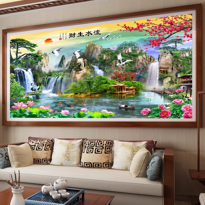 纯手工绣好的成品十字绣流水生财客厅迎客松聚宝盆风景山水大画