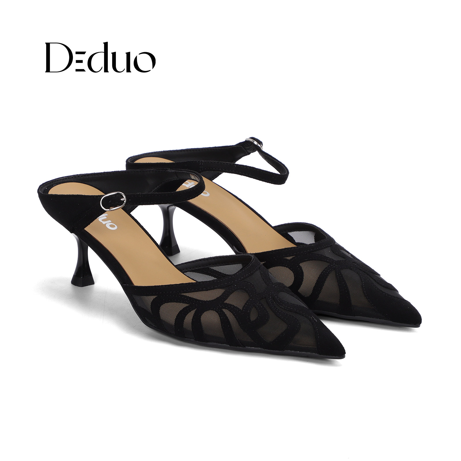 【新品】Diduo/迪朵黑色网纱尖头细跟女一字带镂空性感高跟鞋图片