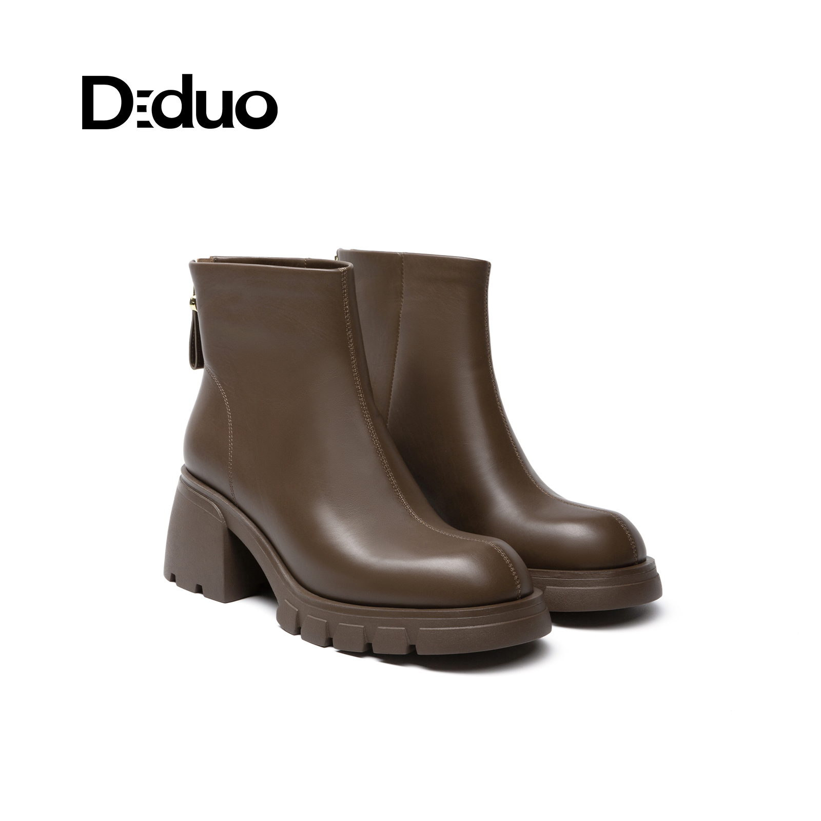 真皮圆头后拉链粗跟短靴