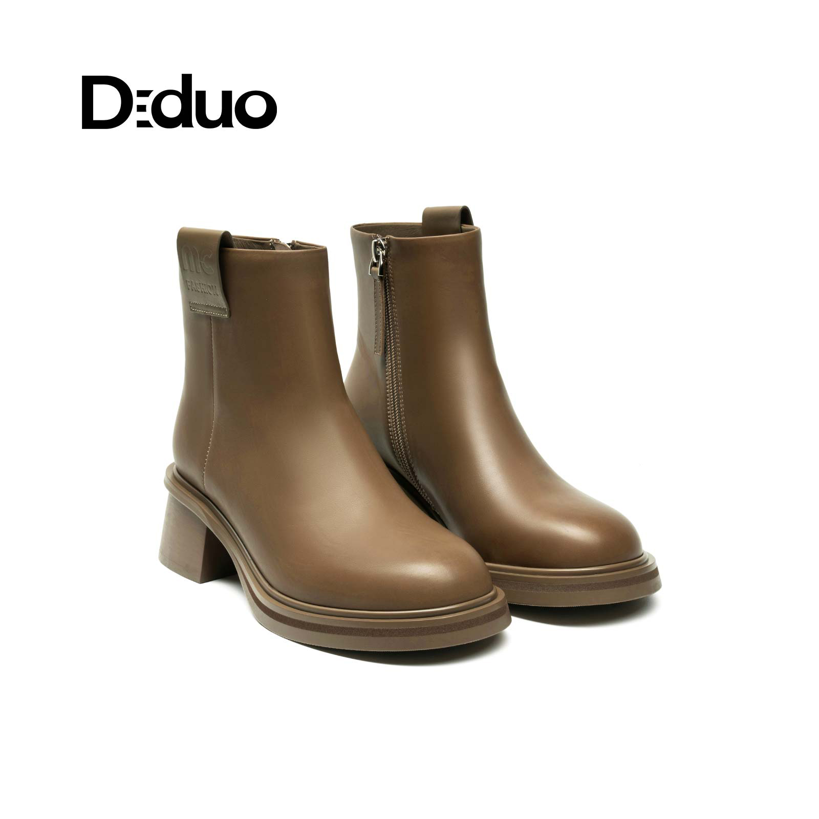 真皮侧拉链圆头短靴女短筒