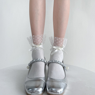 网纱甜美蝴蝶结花边小腿袜JK黑色中筒堆堆袜 白色短袜子女春夏薄款