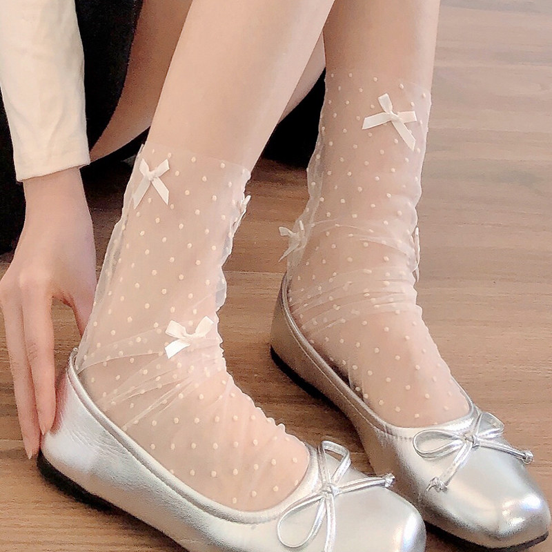 JK奶白色小腿袜女春夏季薄款透肉波点提花中筒袜甜美蝴蝶结堆堆袜,女士内衣/男士内衣/家居服,中筒袜,淘宝优惠券,粉丝福利购,淘宝优惠卷