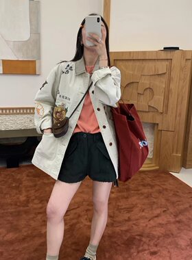BYJUNJUN2026春翻领卡通刺绣风衣外套中长款宽松休闲工装夹克女