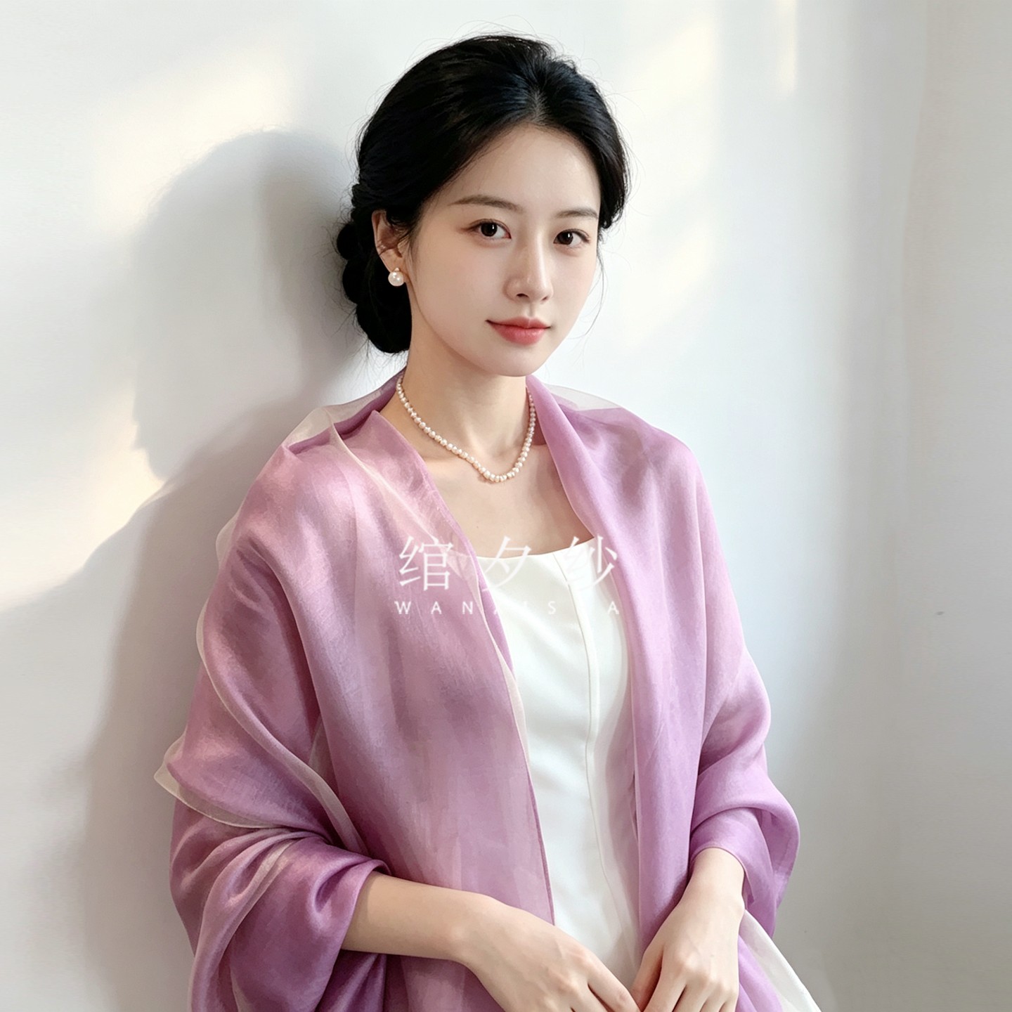 2026春夏时尚紫色双层真丝棉丝巾桑蚕丝围巾防晒旗袍披肩流苏长女