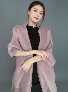 时尚高级紫色双层桑蚕丝丝巾亮丝围巾礼服旗袍披肩女长款春夏新款