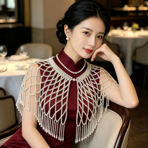 仿珍珠云肩流苏旗袍礼服汉服披肩