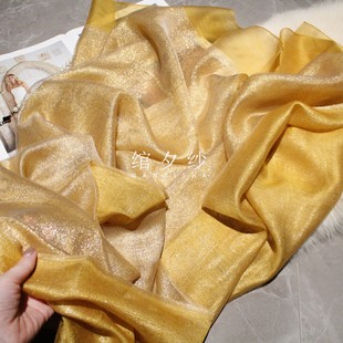 双层黄色时尚高档桑蚕丝丝巾金丝围巾礼服旗袍披肩长款女式秋冬季