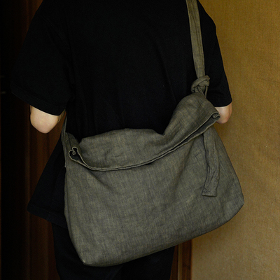 植物染亚麻单肩斜挎包文艺书包